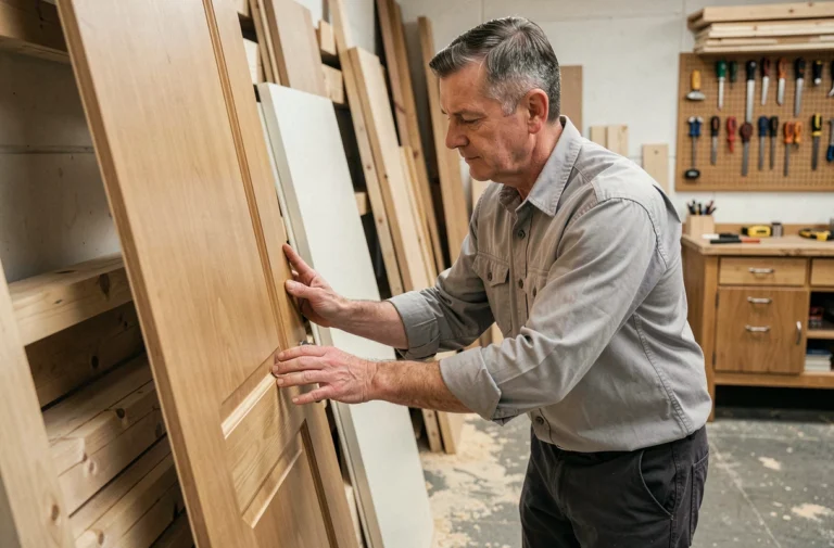 Menuisier professionnel examinant une porte postformée dans un atelier de menuiserie pour évaluer sa qualité