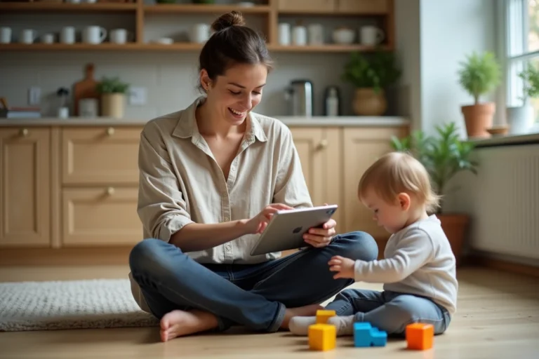 Mère moderne assise sur le sol de sa cuisine avec son enfant en bas âge, consultant une tablette tout en profitant d'un moment de vie quotidienne familiale naturelle