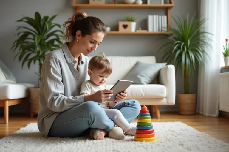 Mère moderne assise sur le parquet avec son enfant en bas âge, consultant une tablette pour s'informer sur les tendances parentales actuelles