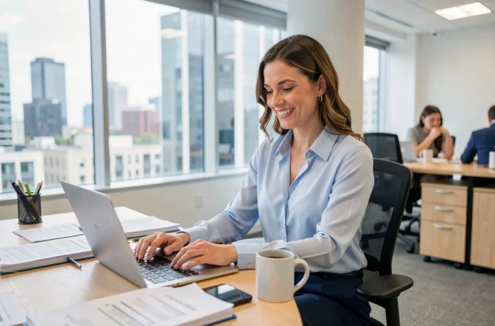 Femme professionnelle souriante travaillant dans un bureau moderne au Canada, illustrant un métier bien payé et accessible en 2024