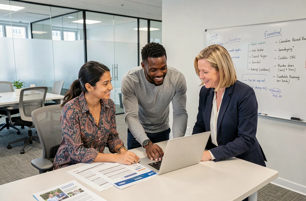 Équipe multiculturelle collaborant dans un bureau canadien moderne, illustrant des métiers accessibles et bien payés au Canada en 2024