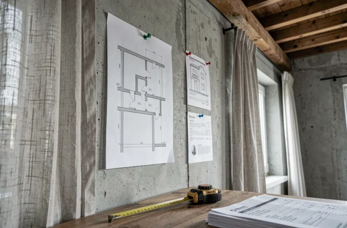 Détail de mur mitoyen et plans architecturaux d'une copropriété verticale à deux lots sans parties communes