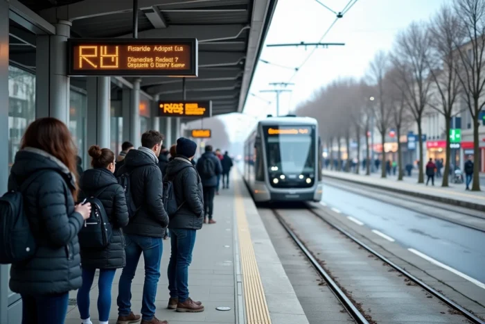 Station de tramway moderne à Créteil avec voyageurs attendant un tram en 2026