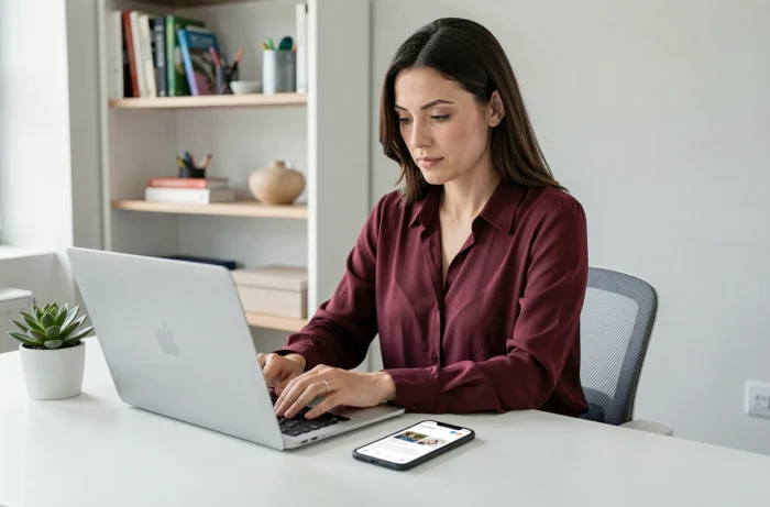 Femme utilisant un outil web pour consulter des stories Instagram en toute discrétion depuis son bureau