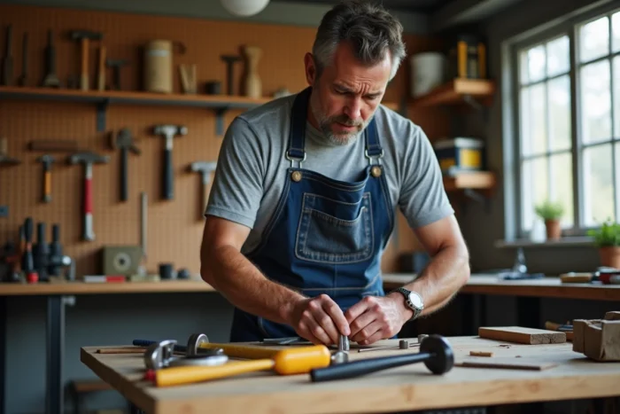 Homme bricoleur organisant ses outils essentiels sur un établi en bois dans un garage rangé
