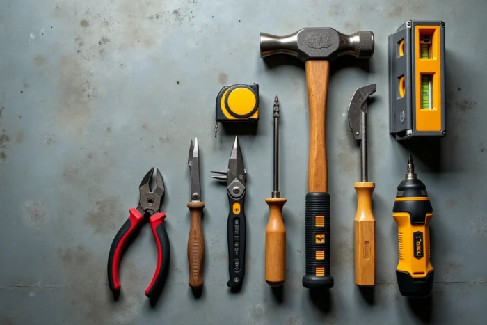 Vue aérienne d'une sélection d'outils indispensables pour le bricolage disposés sur une surface en béton gris