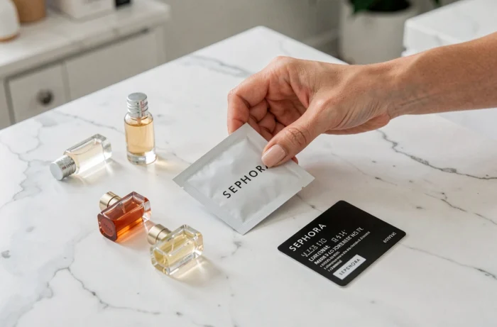 Mains ouvrant un échantillon de parfum Sephora sur une table en marbre