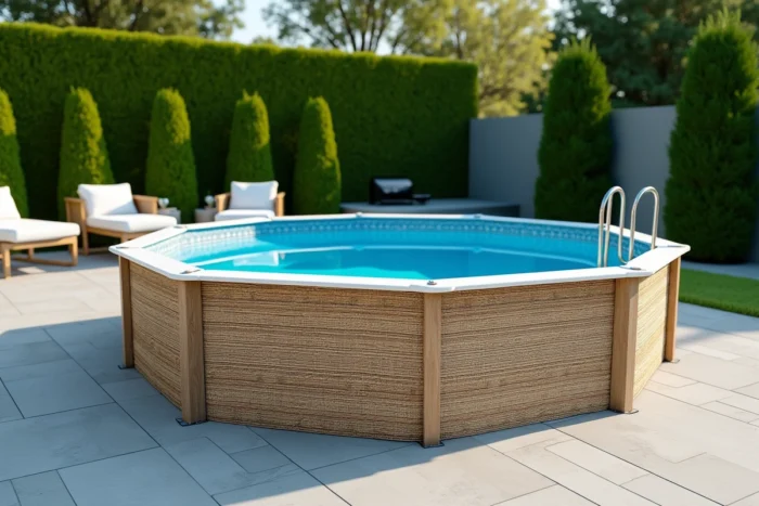 Panneau de résine tressée effet rotin installé en pourtour d'une piscine hors sol sur terrasse moderne avec mobilier de jardin blanc