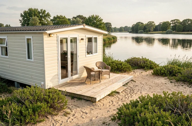 Parcelle avec mobil-home au bord de l'eau en Vendée avec terrasse en bois et vue sur lac calme