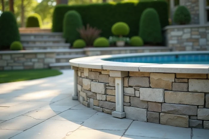 Parement en pierre reconstituée clipsable habillant l'extérieur d'une piscine hors sol dans un jardin haut de gamme avec terrasse en pierre naturelle