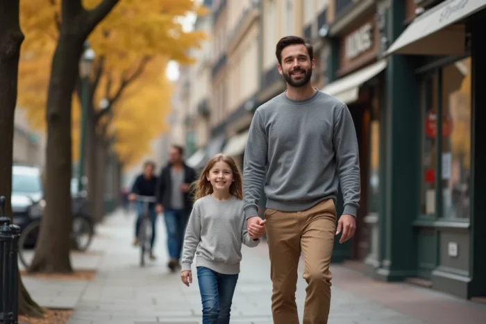 Père tenant la main de sa fille lors d'une promenade en ville à l'automne, illustrant la parentalité moderne et le quotidien des familles urbaines