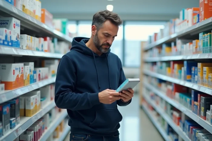 Père attentif lisant l'étiquette d'un produit de santé pour enfants dans une pharmacie, illustrant les préoccupations des parents modernes