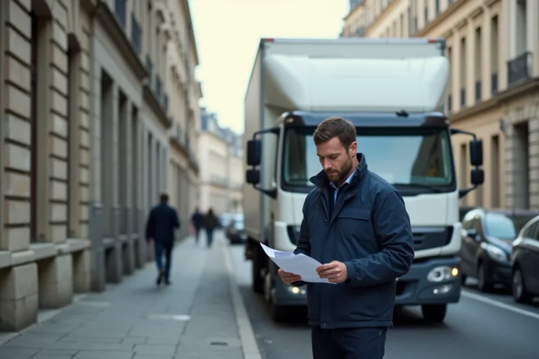 Homme examinant ses documents de permis de conduire debout devant un camion 12m3 blanc dans une rue urbaine française