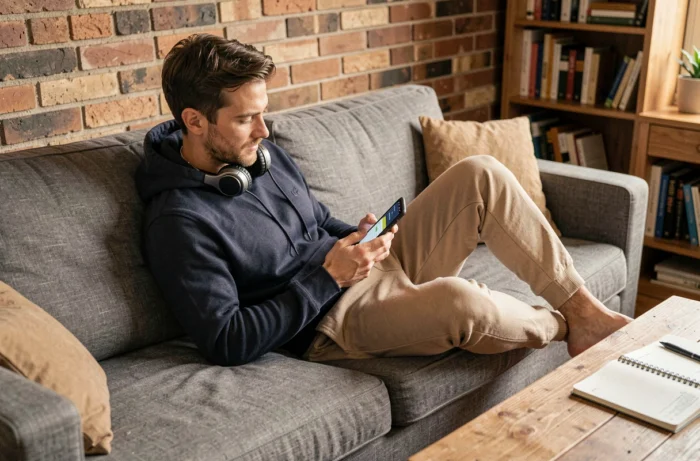 Personne utilisant un smartphone et des écouteurs sans fil sur un canapé pour gérer sa vie quotidienne grâce aux astuces high-tech
