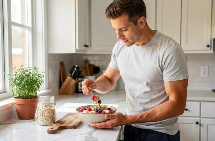 Homme préparant un bol de petit-déjeuner sain dans une cuisine moderne, alimentation équilibrée et routine bien-être