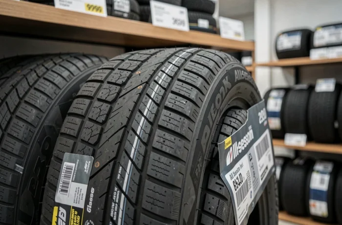 Pneus quatre saisons empilés en magasin avec détail des sculptures et des flancs