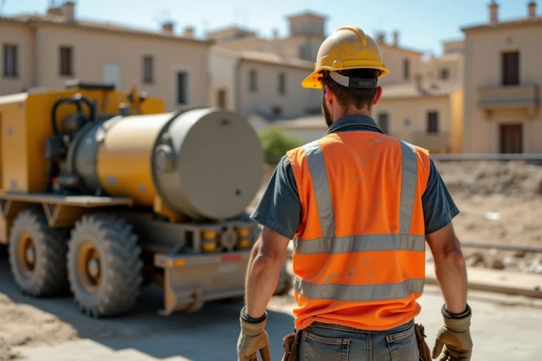 Ouvrier du bâtiment utilisant une pompe à chape sur un chantier à Nîmes