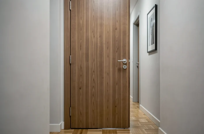 Porte postformée effet wengé installée dans un couloir d'appartement contemporain avec poignée chromée brossée