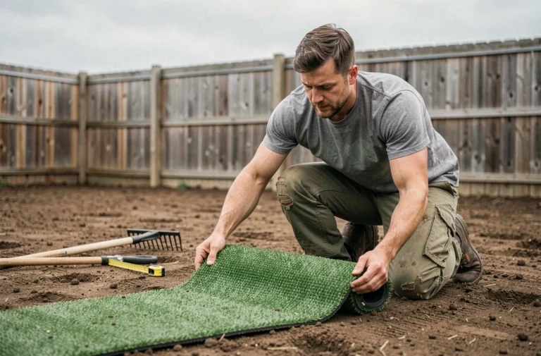 Paysagiste posant du gazon synthétique sur sol naturel compacté dans un jardin résidentiel