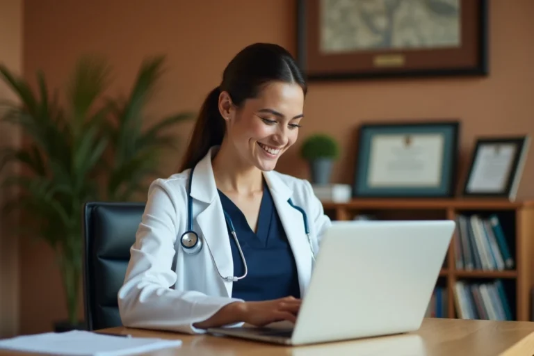 Praticienne de santé sereine consultant des dossiers patients sur ordinateur dans un cabinet médical moderne