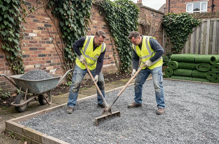 Ouvriers compactant une sous-couche de gravier avant la pose de gazon synthétique dans un jardin urbain