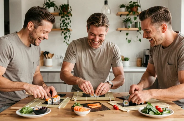 Groupe d'amis préparant des sushis maison autour d'une table en bois dans une cuisine moderne et conviviale