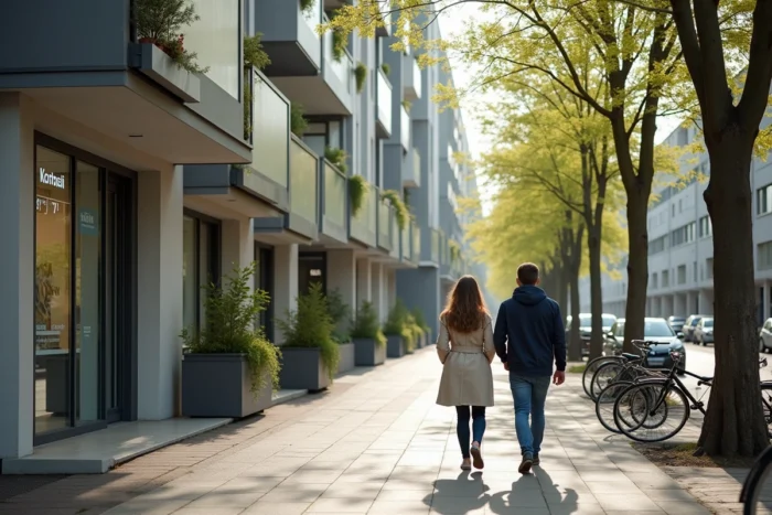 Couple se promenant devant une agence immobilière à Créteil, immeubles résidentiels modernes en arrière-plan