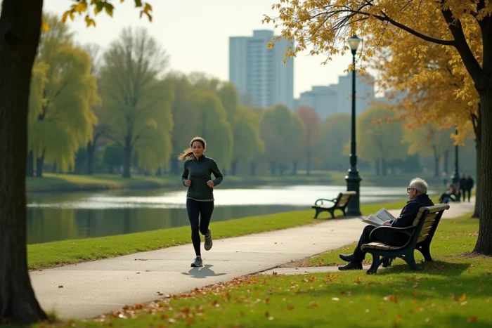 Femme en train de courir dans un parc verdoyant au bord du lac de Créteil, qualité de vie urbaine