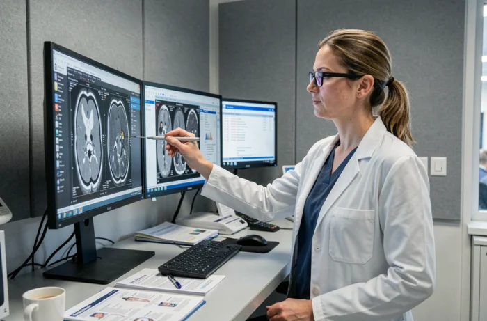 Radiologue féminine analysant des images IRM sur un écran dans un centre de radiologie moderne à Aix-en-Provence
