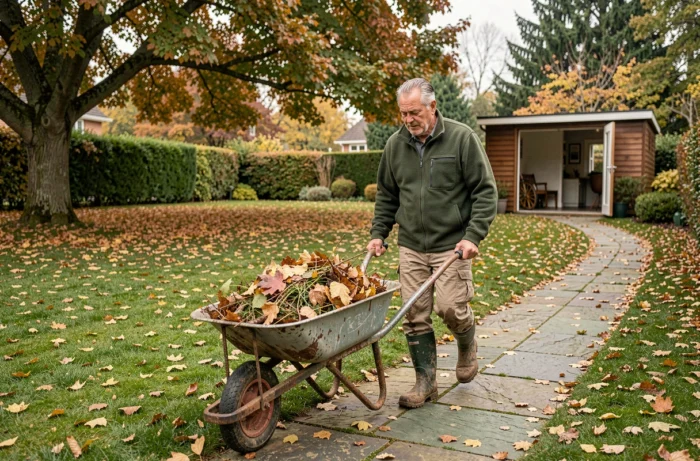 Homme âgé poussant une brouette chargée de feuilles mortes dans un grand jardin en automne avec des arbres matures en arrière-plan