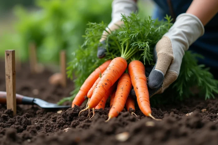 Mains gantées tenant des carottes bio fraîchement récoltées avec de la terre sur les racines dans un potager