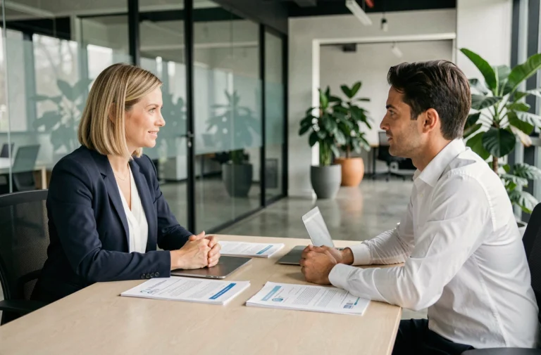 Entretien de recrutement professionnel entre une responsable RH et un candidat qualifié dans un bureau moderne