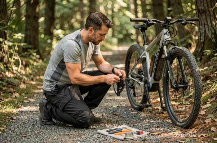 Cycliste en train de réparer le dérailleur d'un vélo électrique Rockrider E-ST 100 sur un sentier forestier avec des outils posés au sol