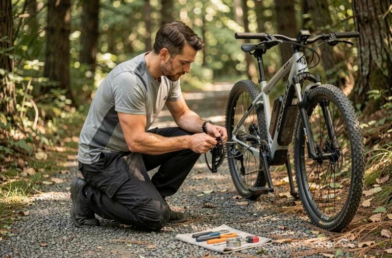 Cycliste en train de réparer le dérailleur d'un vélo électrique Rockrider E-ST 100 sur un sentier forestier avec des outils posés au sol