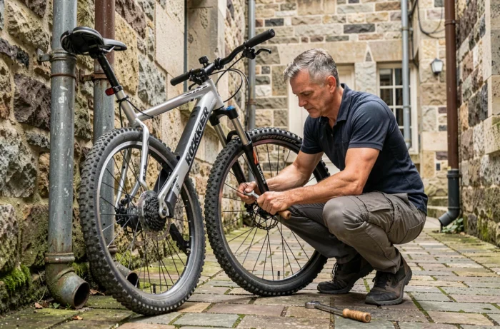 Homme réparant la roue avant d'un vélo électrique Rockrider E-ST 100 avec une clé dynamométrique dans une cour urbaine en pavés