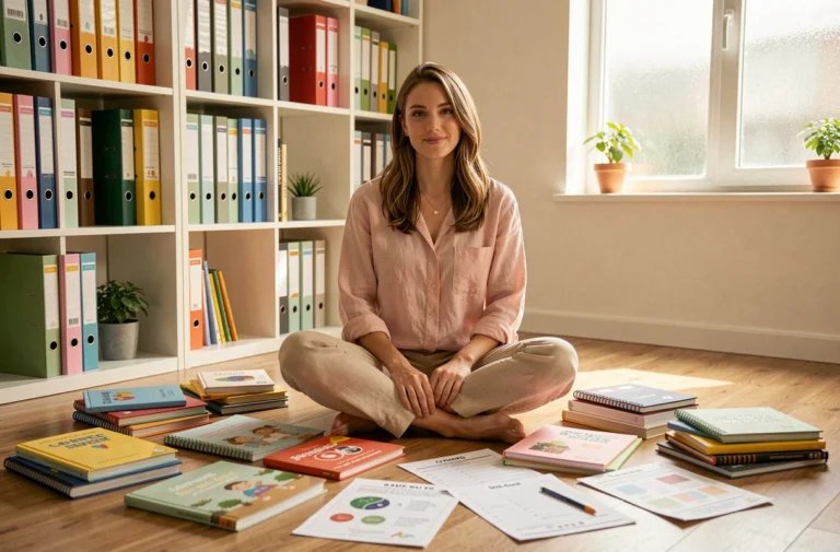 Femme assise entourée de ressources pédagogiques pour enfants, livres et fiches éducatives organisées sur un plancher en bois