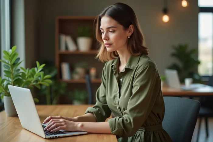 Femme en robe chemise vert olive au bureau, préparant sa transition vers le weekend