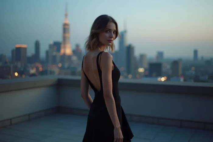 Femme en robe dos nu asymétrique noire sur une terrasse en ville au crépuscule, pour une occasion spéciale