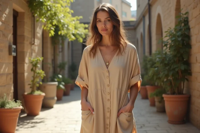 Femme en robe en coton certifié biologique, portée naturellement dans une cour urbaine ensoleillée