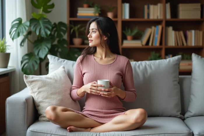 Femme en robe en maille jersey rose poudré, assise confortablement dans un salon cosy avec une tasse à la main