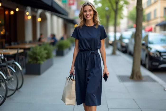 Femme en robe midi marine polyvalente sur un trottoir urbain, combinant accessoires casual et élégants