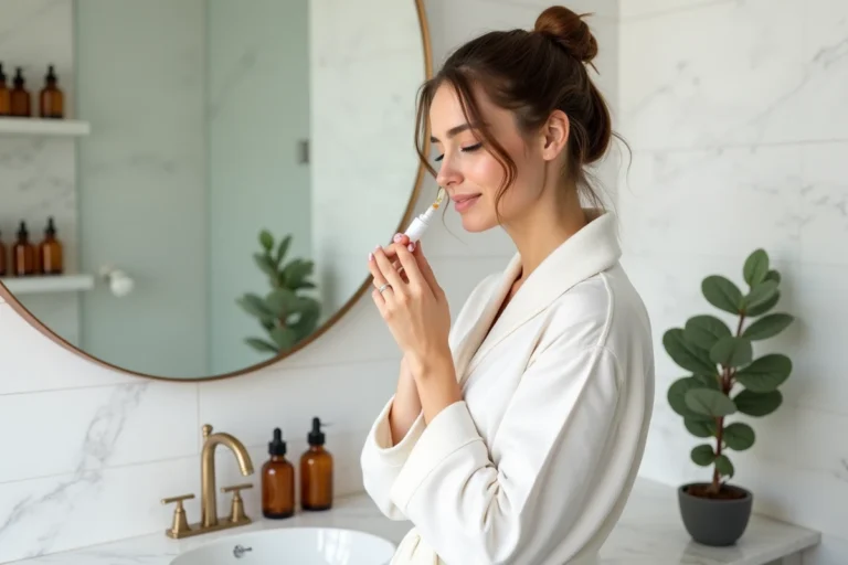 Femme appliquant un sérum sur sa peau devant un miroir de salle de bain moderne, routine beauté quotidienne