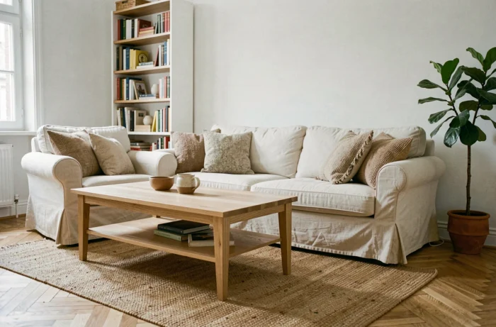 Salon décoré dans un style scandinave avec canapé en lin crème, table basse en chêne et plante verte dans un intérieur lumineux et épuré