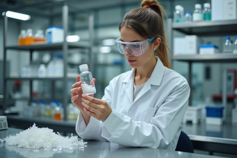 Scientifique examinant des granulés de plastique recyclé PET dans un laboratoire industriel de biochimie, illustrant le processus de recyclage enzymatique de Carbios