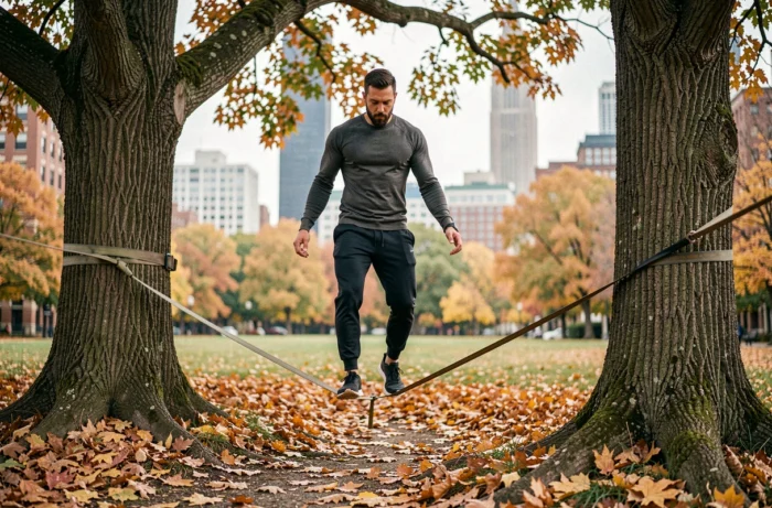 Homme pratiquant la slackline entre deux arbres dans un parc urbain en automne entouré de feuilles dorées