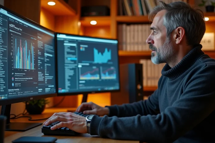 Homme spécialiste de l'informatique travaillant sur plusieurs écrans affichant des données technologiques dans un bureau à domicile