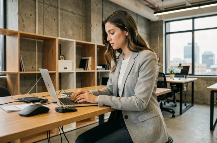 Jeune femme dirigeante de start-up analysant du matériel informatique loué dans un espace de coworking moderne