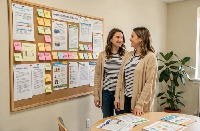 Deux femmes examinant un tableau de ressources éducatives et fiches pédagogiques pour enfants dans un espace communautaire