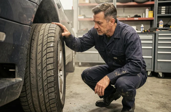 Technicien automobile inspectant un pneu 365 dans un atelier professionnel