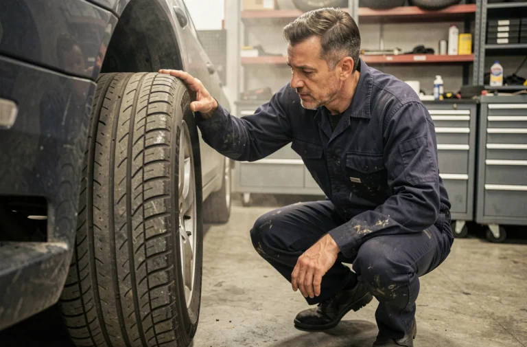 Technicien automobile inspectant un pneu 365 dans un atelier professionnel